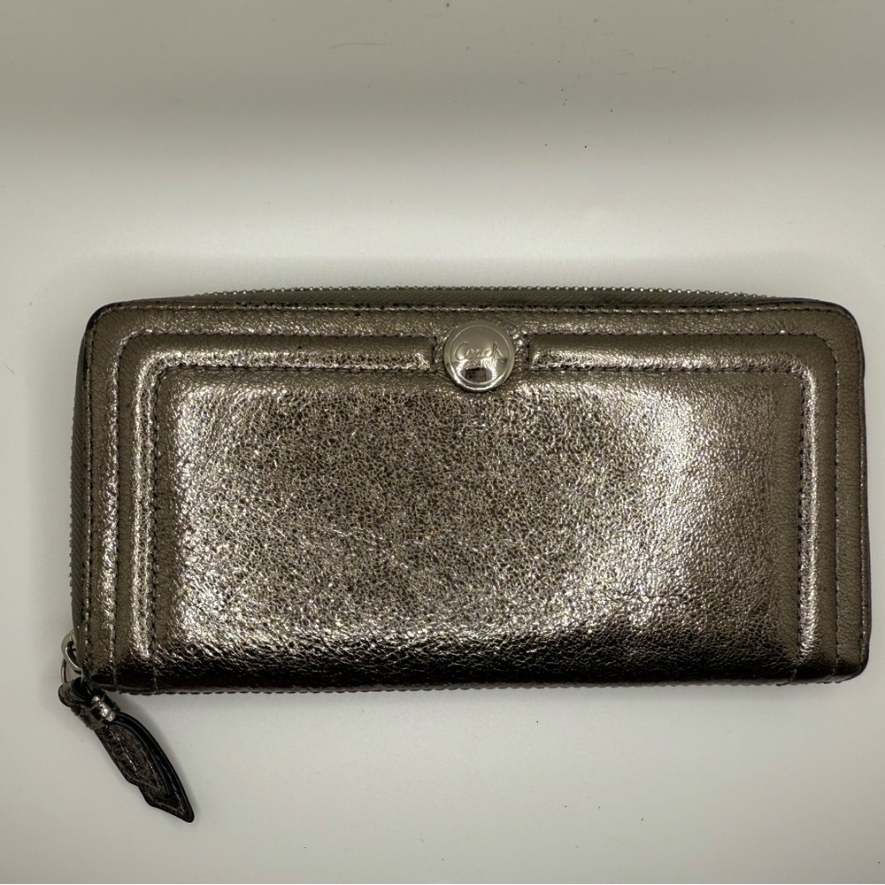 Coach Silver Metallic Glitter Wristlet Zipper Big Wallet Checkbook Shiny Sparkle